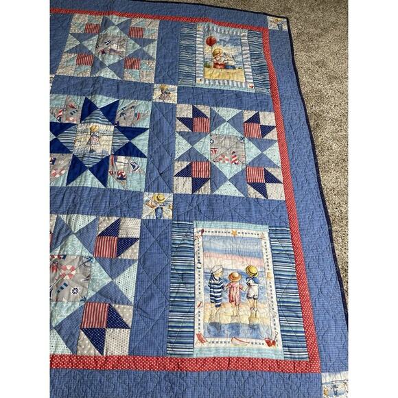 Vintage Sailboat Nautical Star Quilt Coastal Beachy Children Cottage 46in X 46 - Picture 3 of 8